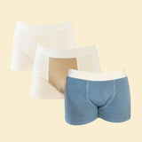Men's 3 pack Loose Boxer shorts - Cream, Cream + Pomegranate, and Indigo. Sustainable, Organic Cotton, Skin Friendly
