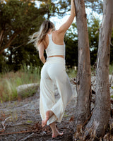 woman wearing organic cotton flare pants