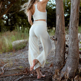 woman wearing organic cotton flare pants
