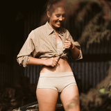 Model wearing Camilla organic cotton boy leg brief from the front – soft, feminine fit Comfort and GOTS certified for sensitive skin